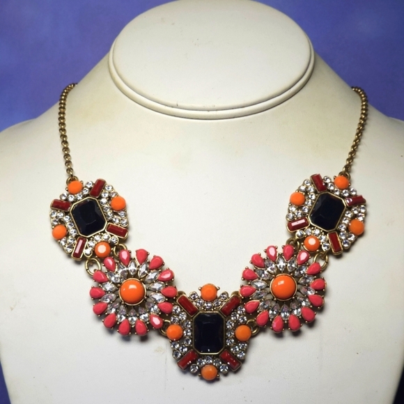 Vintage J CREW Necklace Coral Orange Black Crystal Gold Tone 1970s - Picture 1 of 9